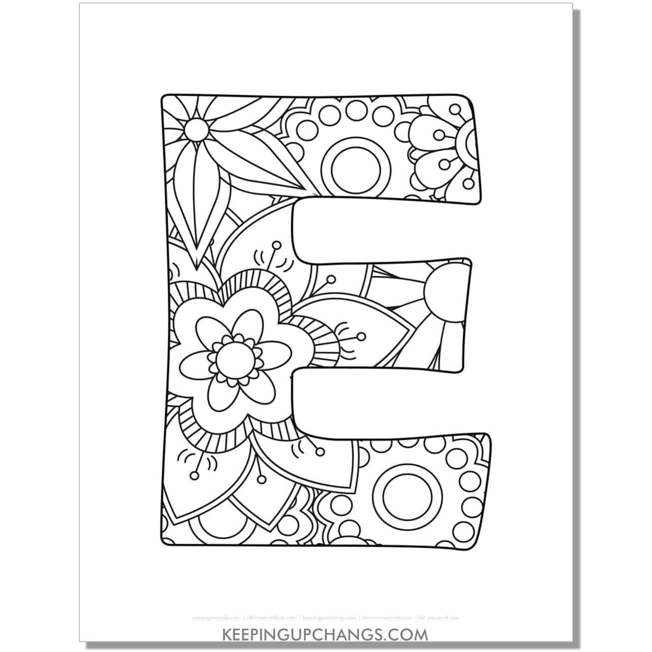 free letter e to color, complex mandala zentangle for adults.