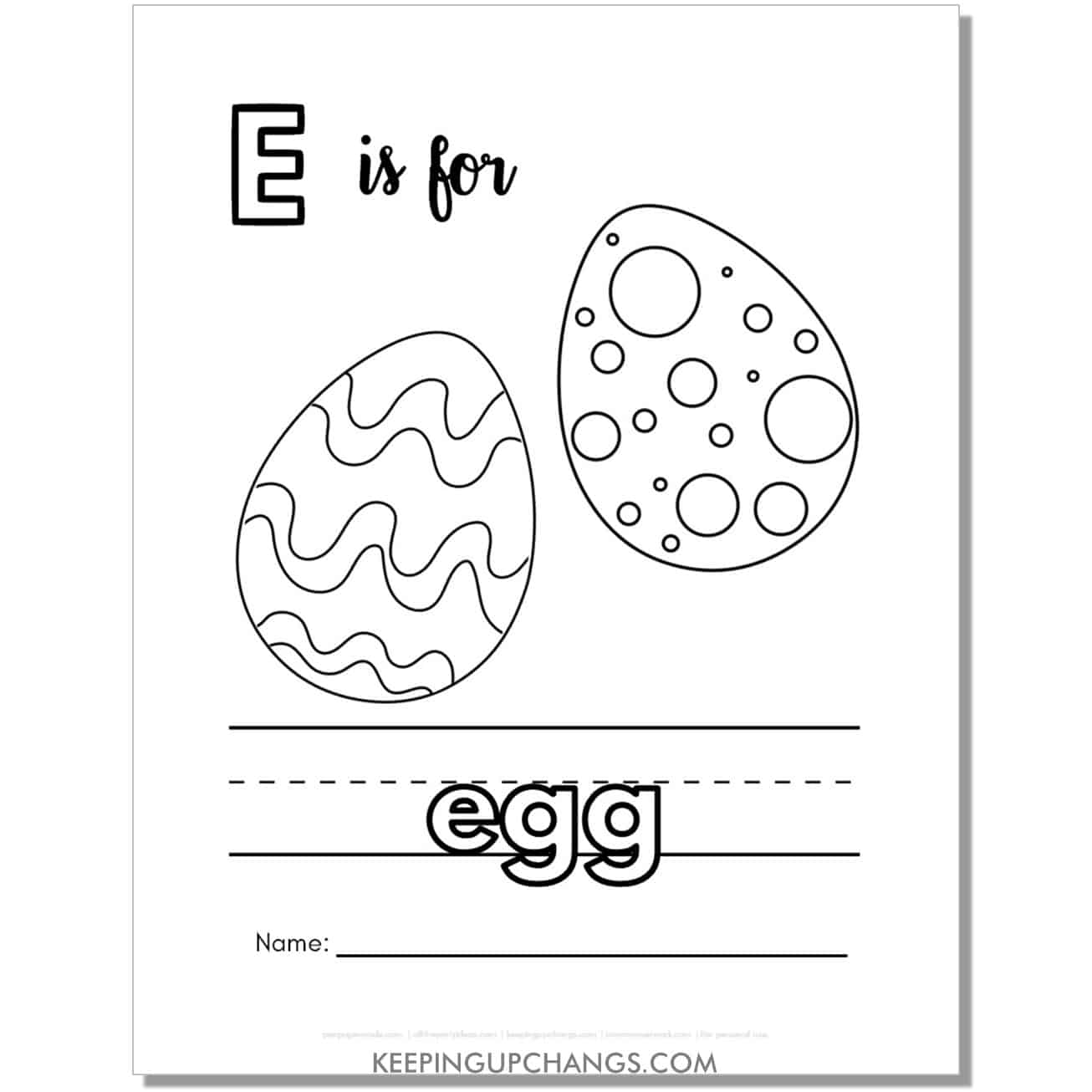 cute letter e coloring page worksheet with egg.
