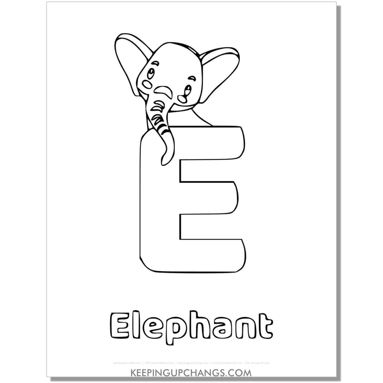alphabet e coloring worksheet with elephant.