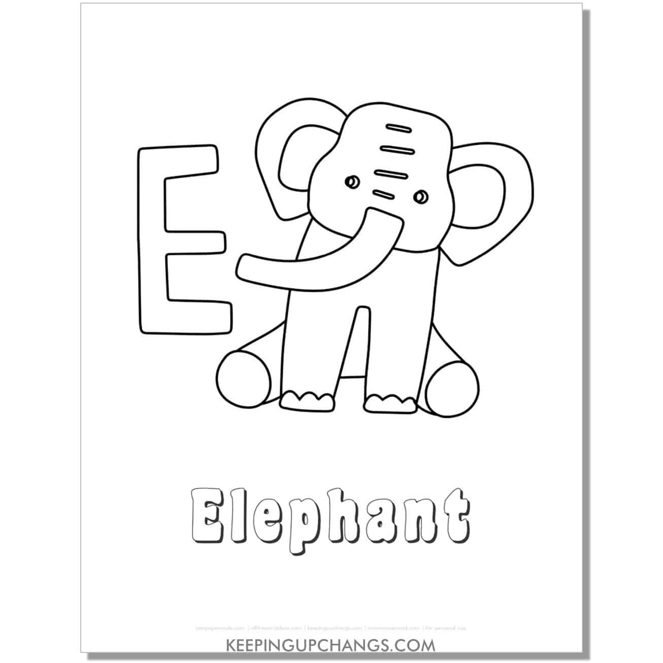 fun abc e coloring page with elephant hand drawing.