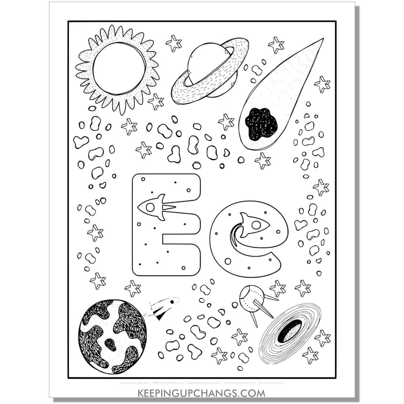 free alphabet letter e coloring page for kids with rockets, space theme.