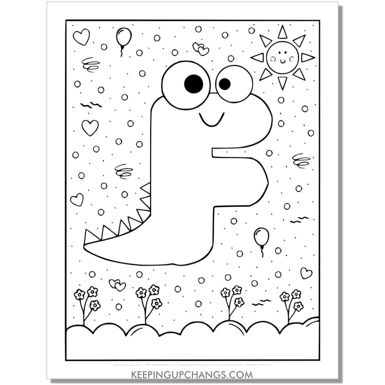 cute f coloring page with monster dinosaur letter.