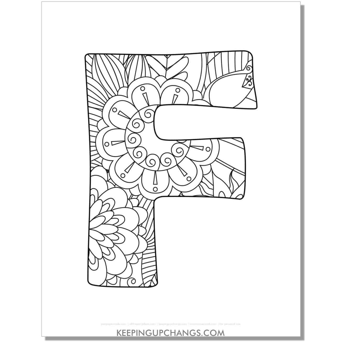free letter f to color, complex mandala zentangle for adults.