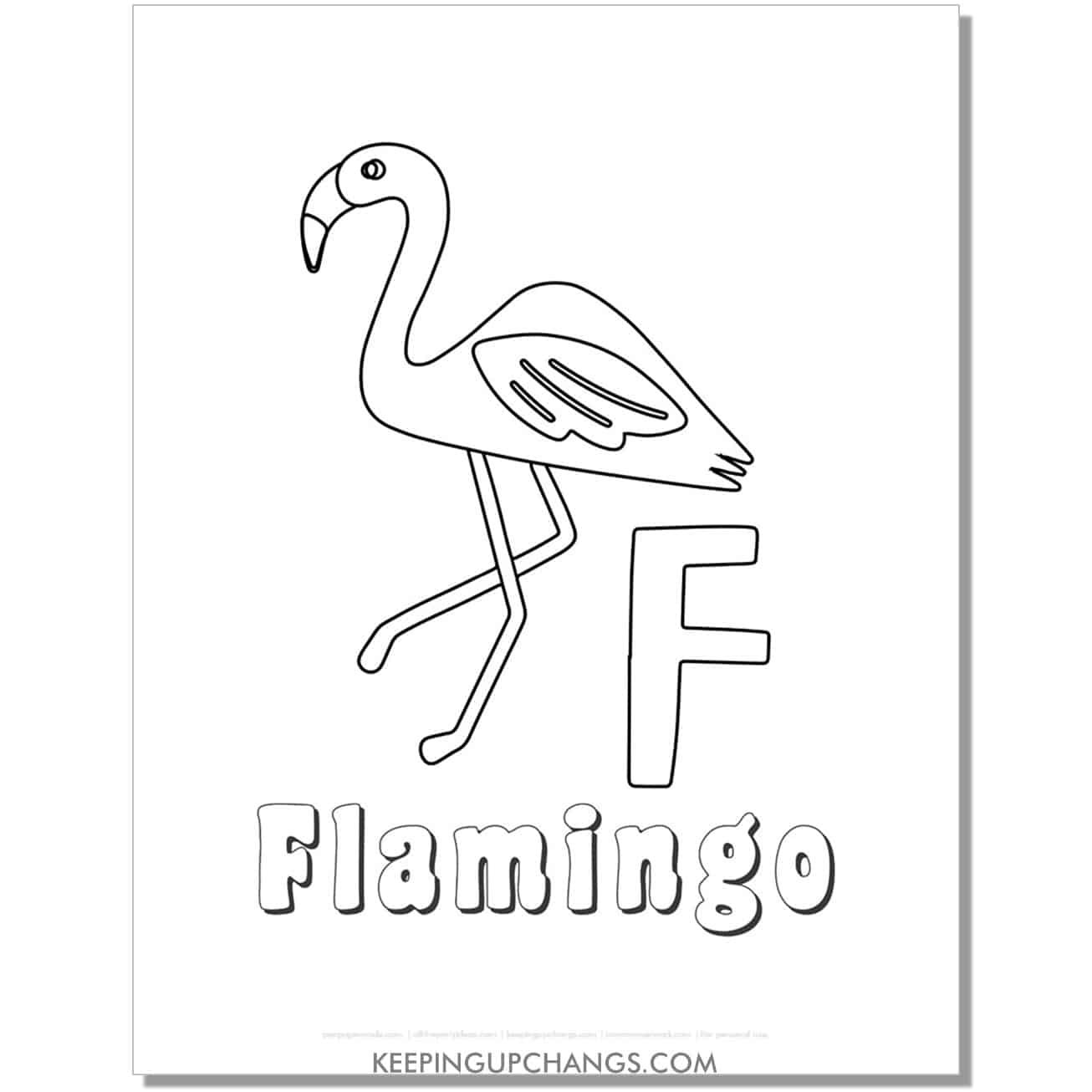 fun abc f coloring page with flamingo hand drawing.