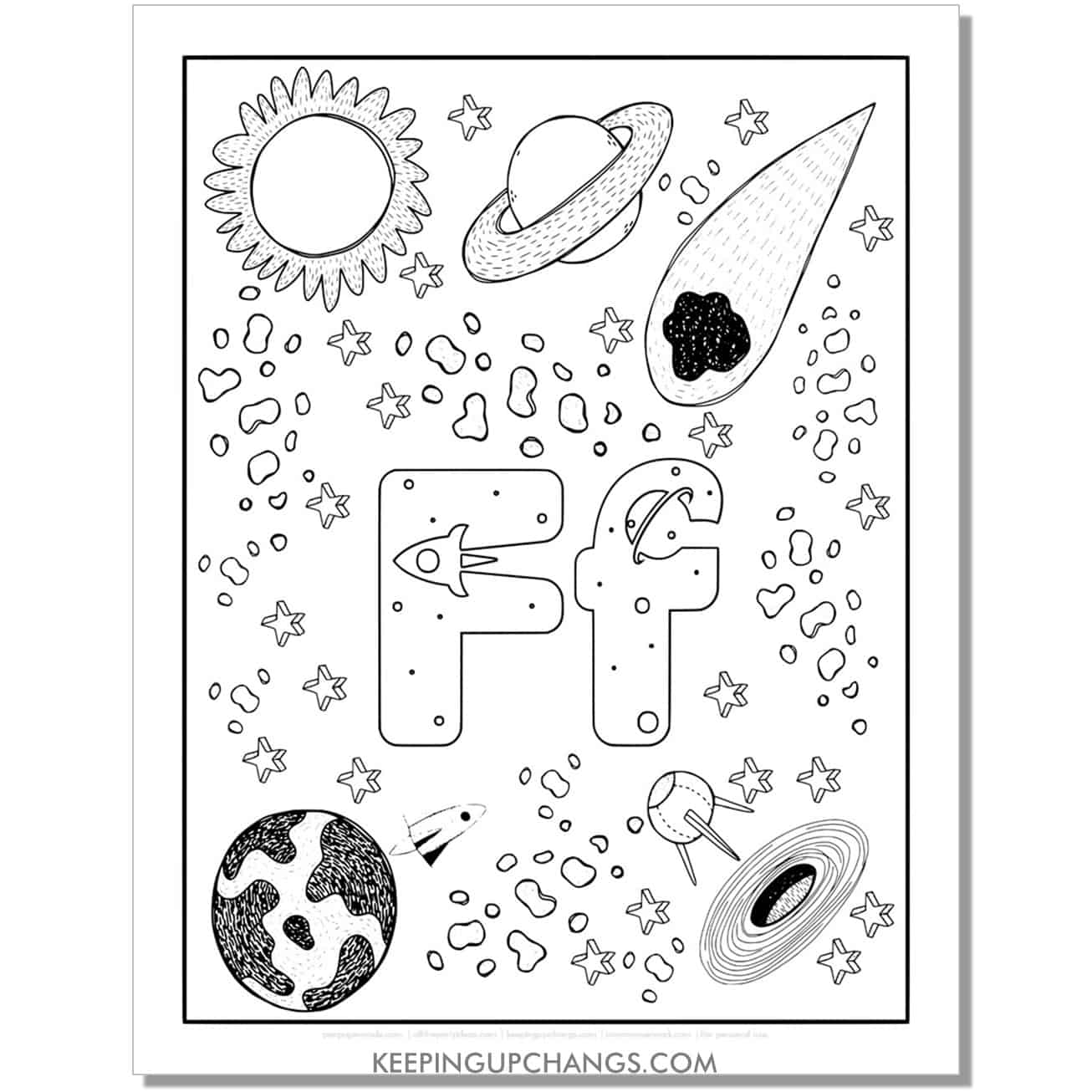 free alphabet letter f coloring page for kids with rockets, space theme.