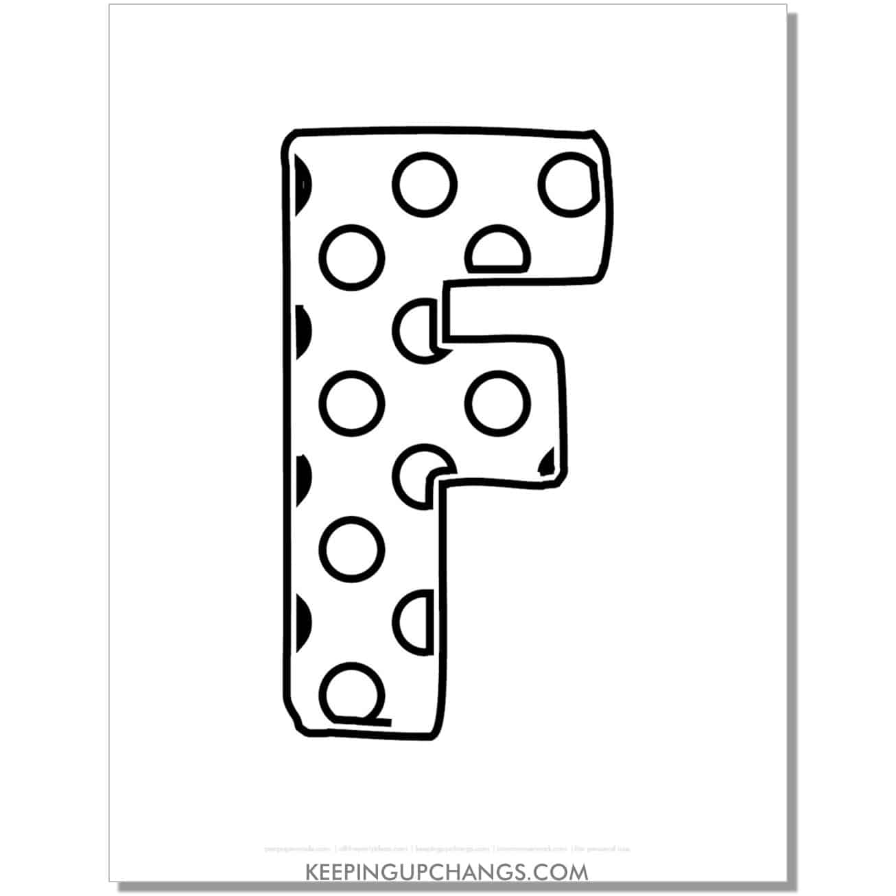 free alphabet letter f coloring page with polka dots for toddlers, preschool, kindergarten.