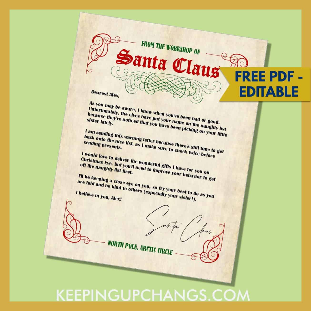 free editable letter from santa naughty list warning template.