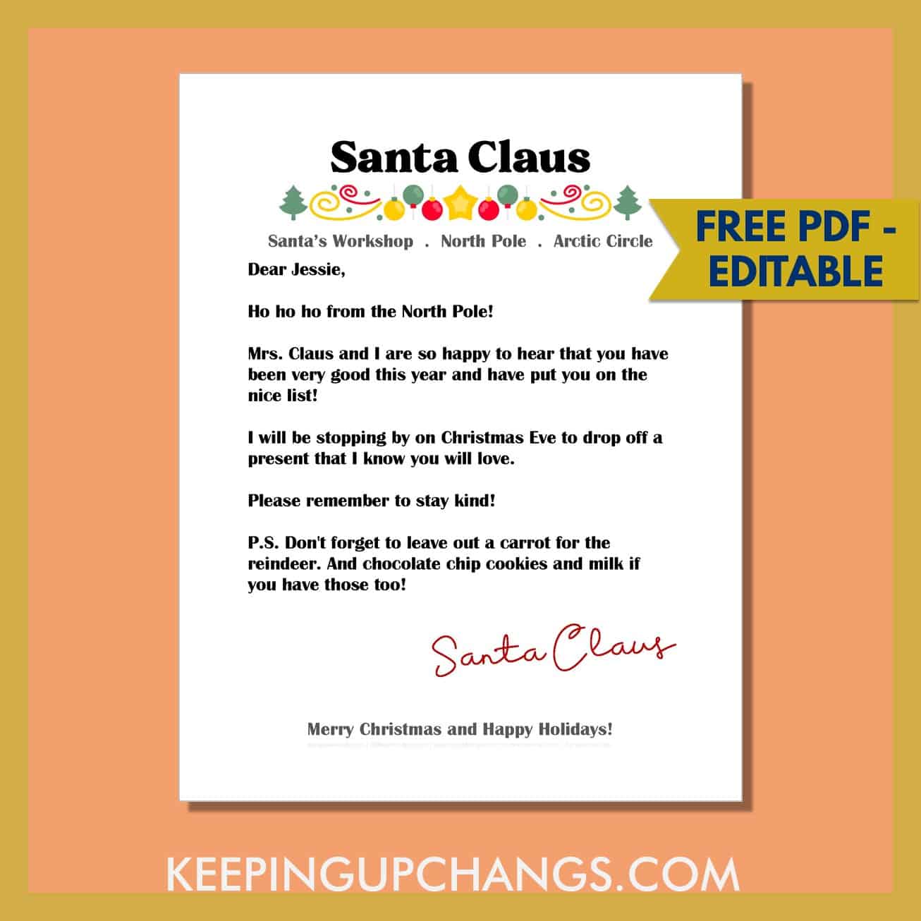 free easy, simple editable letter from santa template for toddlers, preschool.