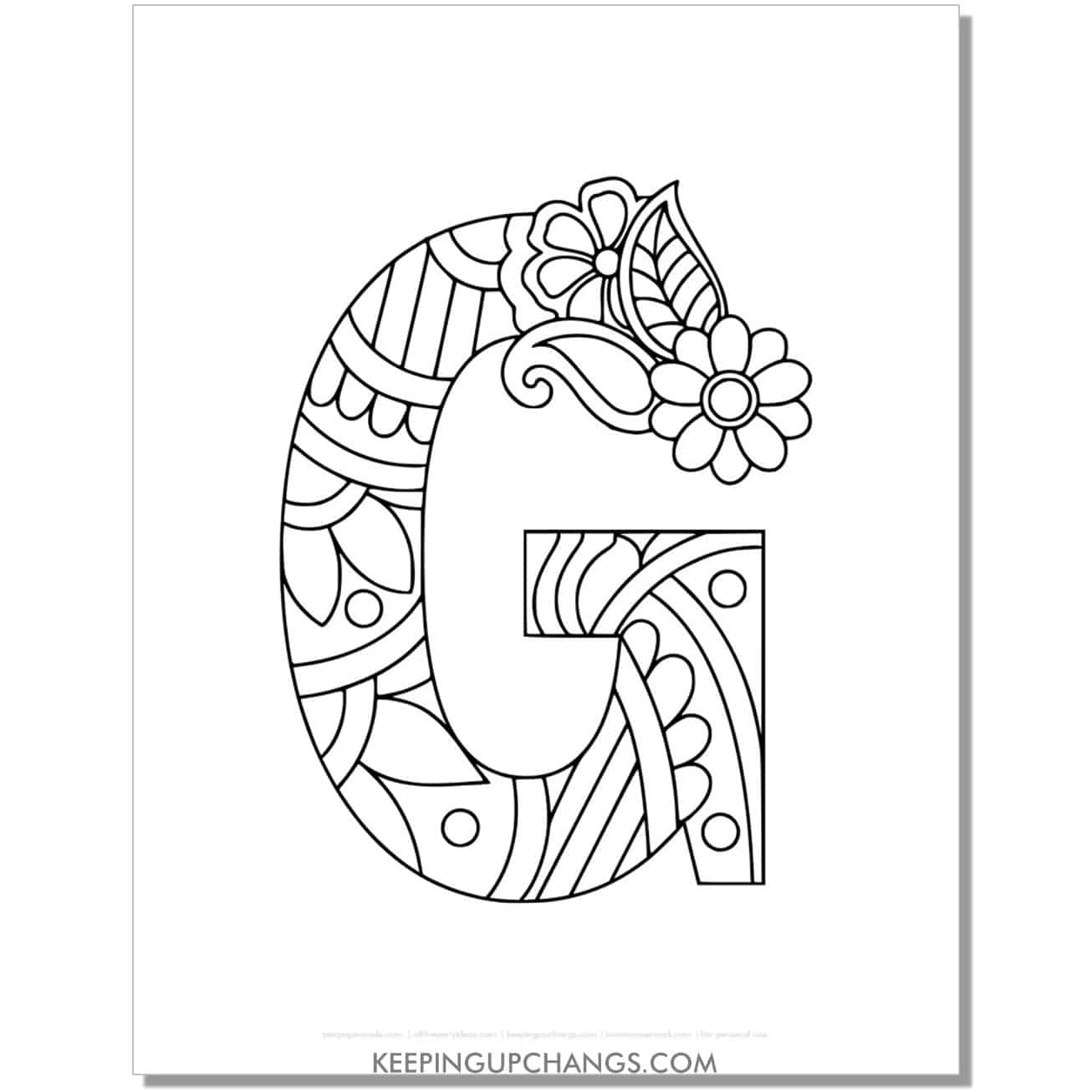 free alphabet g to color, intricate flower mandala zentangle.