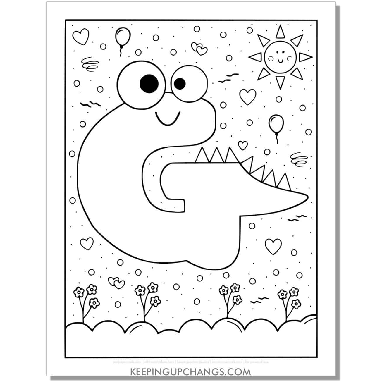 cute g coloring page with monster dinosaur letter.