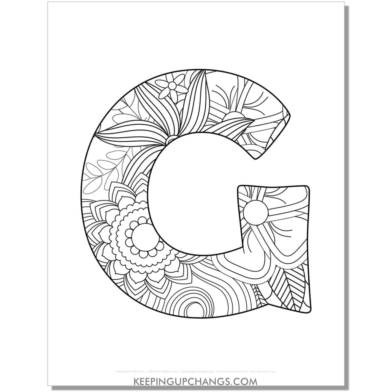 free letter g to color, complex mandala zentangle for adults.