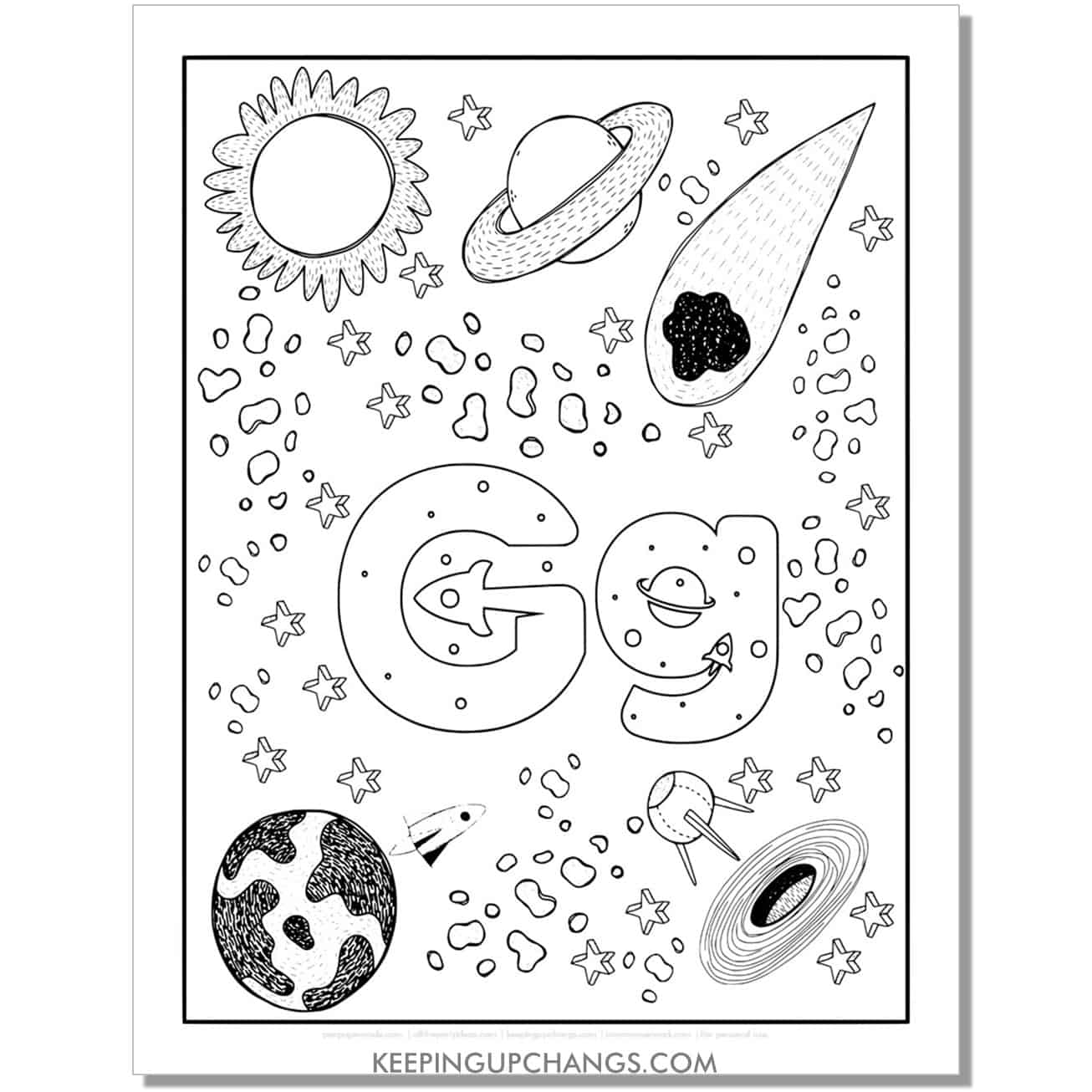 free alphabet letter g coloring page for kids with rockets, space theme.