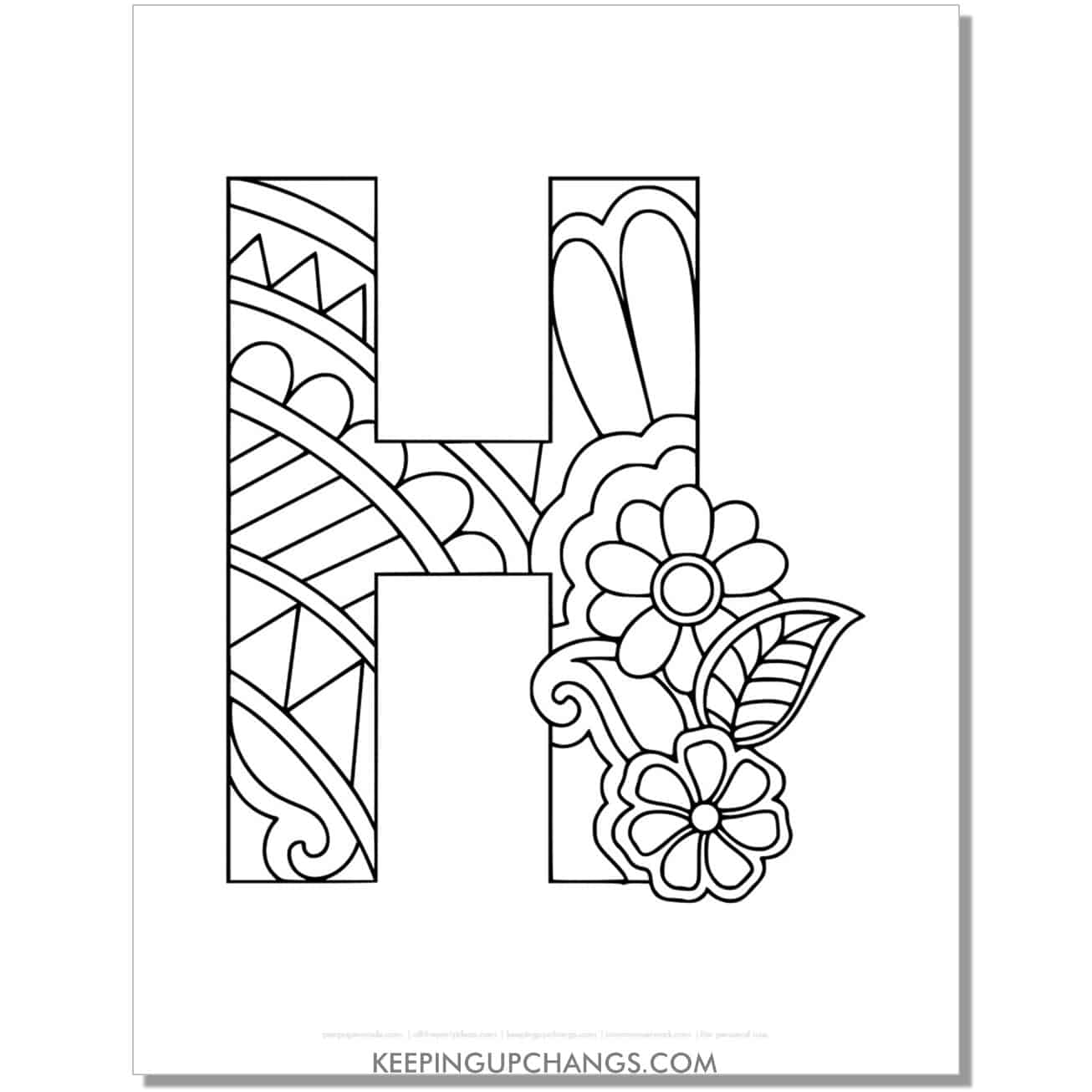 free alphabet h to color, intricate flower mandala zentangle.