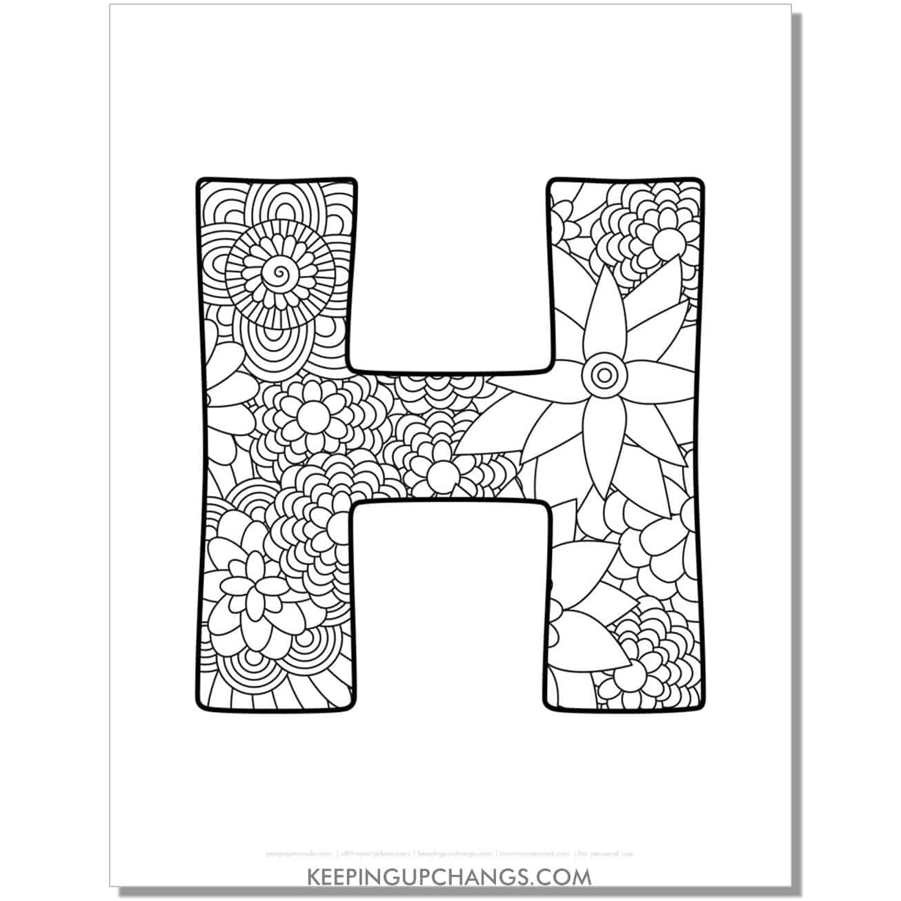 free letter h to color, complex mandala zentangle for adults.