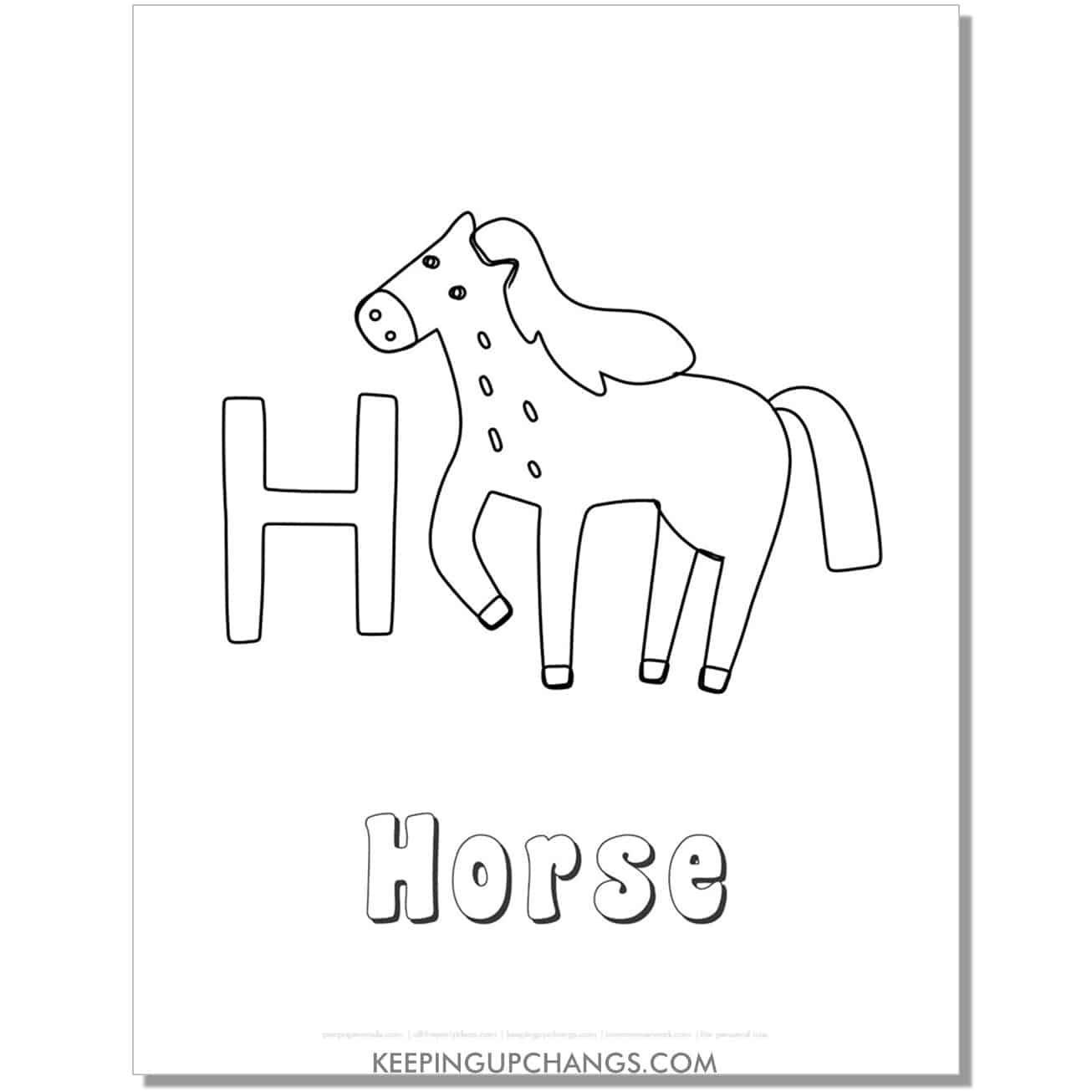 fun abc h coloring page with horse hand drawing.