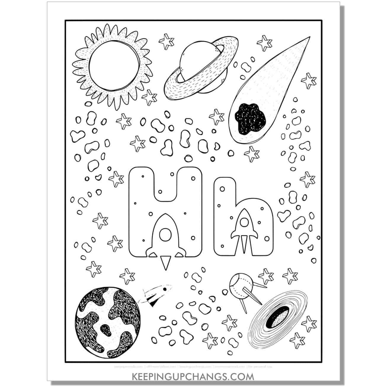 free alphabet letter h coloring page for kids with rockets, space theme.