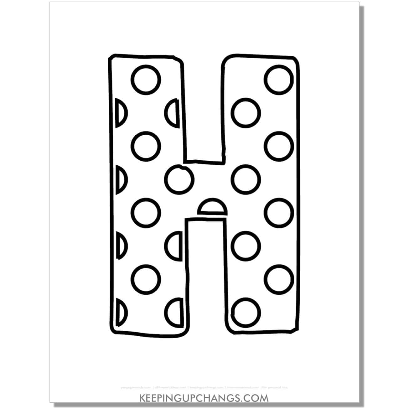 free alphabet letter h coloring page with polka dots for toddlers, preschool, kindergarten.
