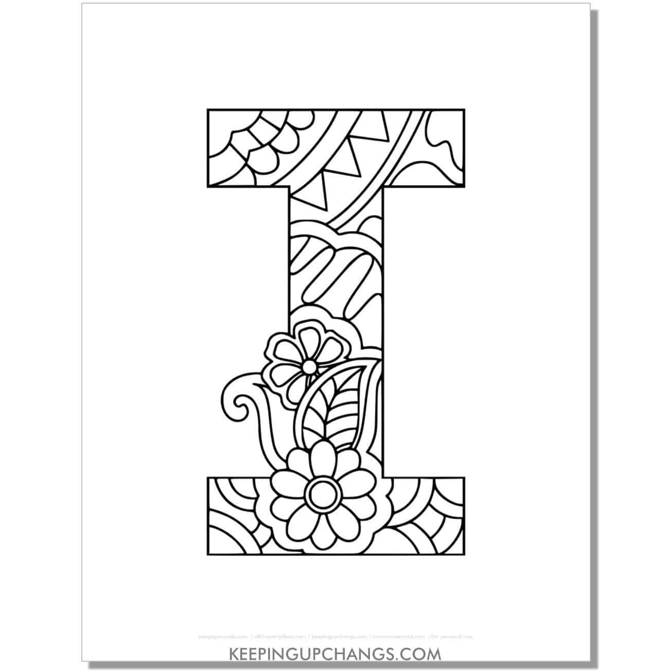 free alphabet i to color, intricate flower mandala zentangle.