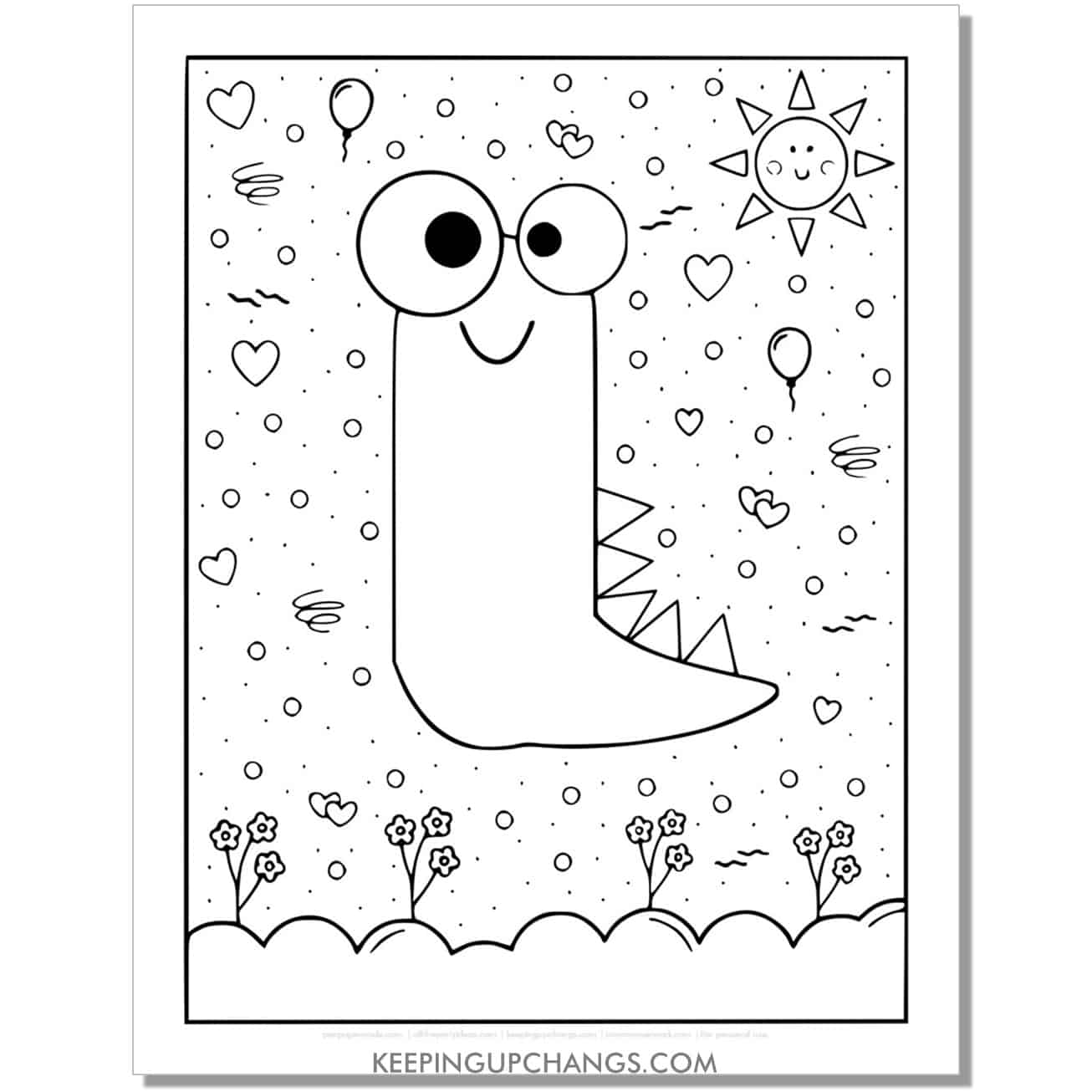 cute i coloring page with monster dinosaur letter.