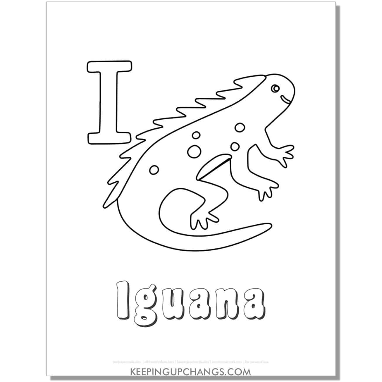 fun abc i coloring page with iguana hand drawing.
