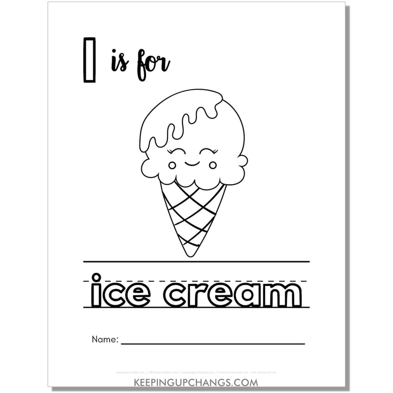 cute letter i coloring page worksheet with ice cream.