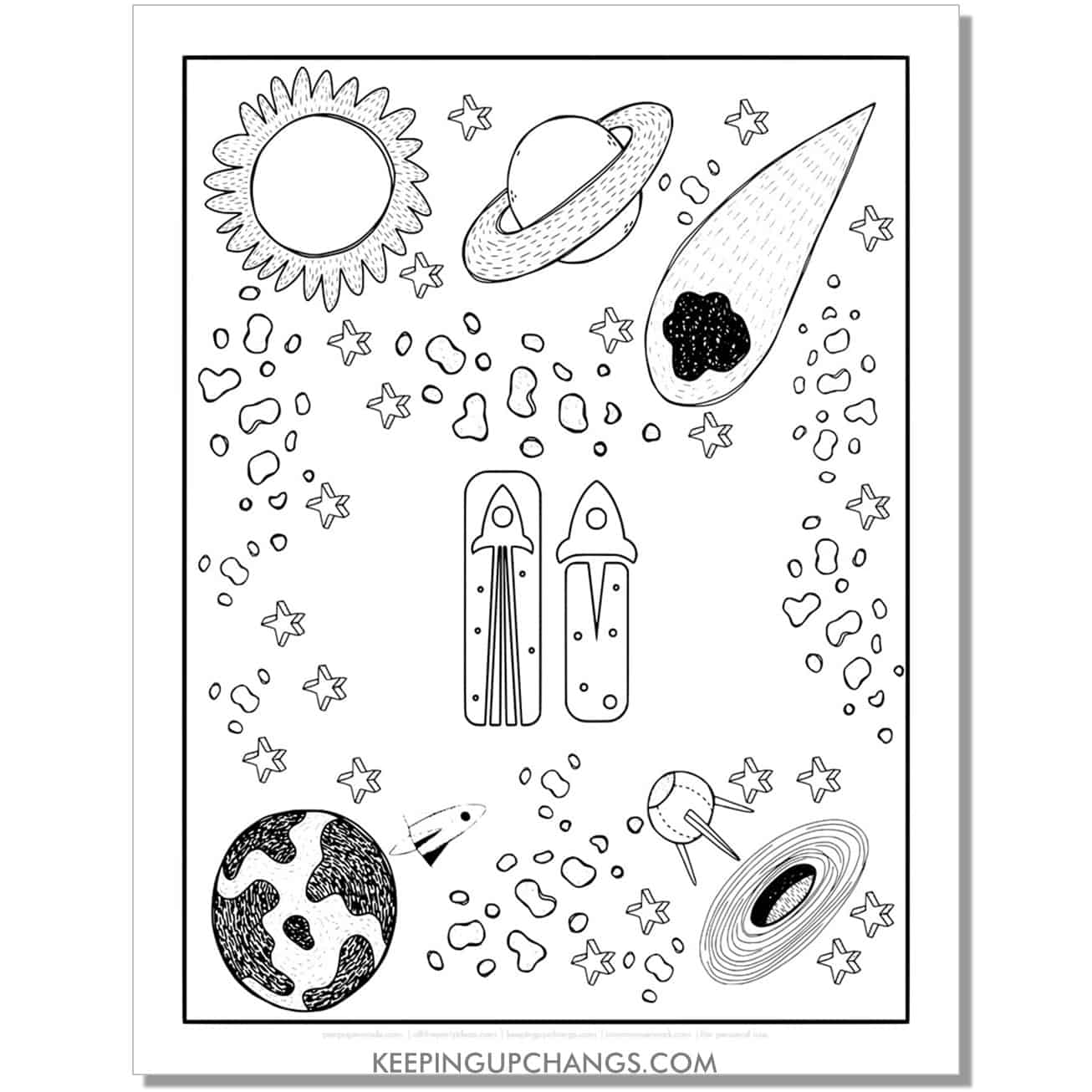 free alphabet letter i coloring page for kids with rockets, space theme.