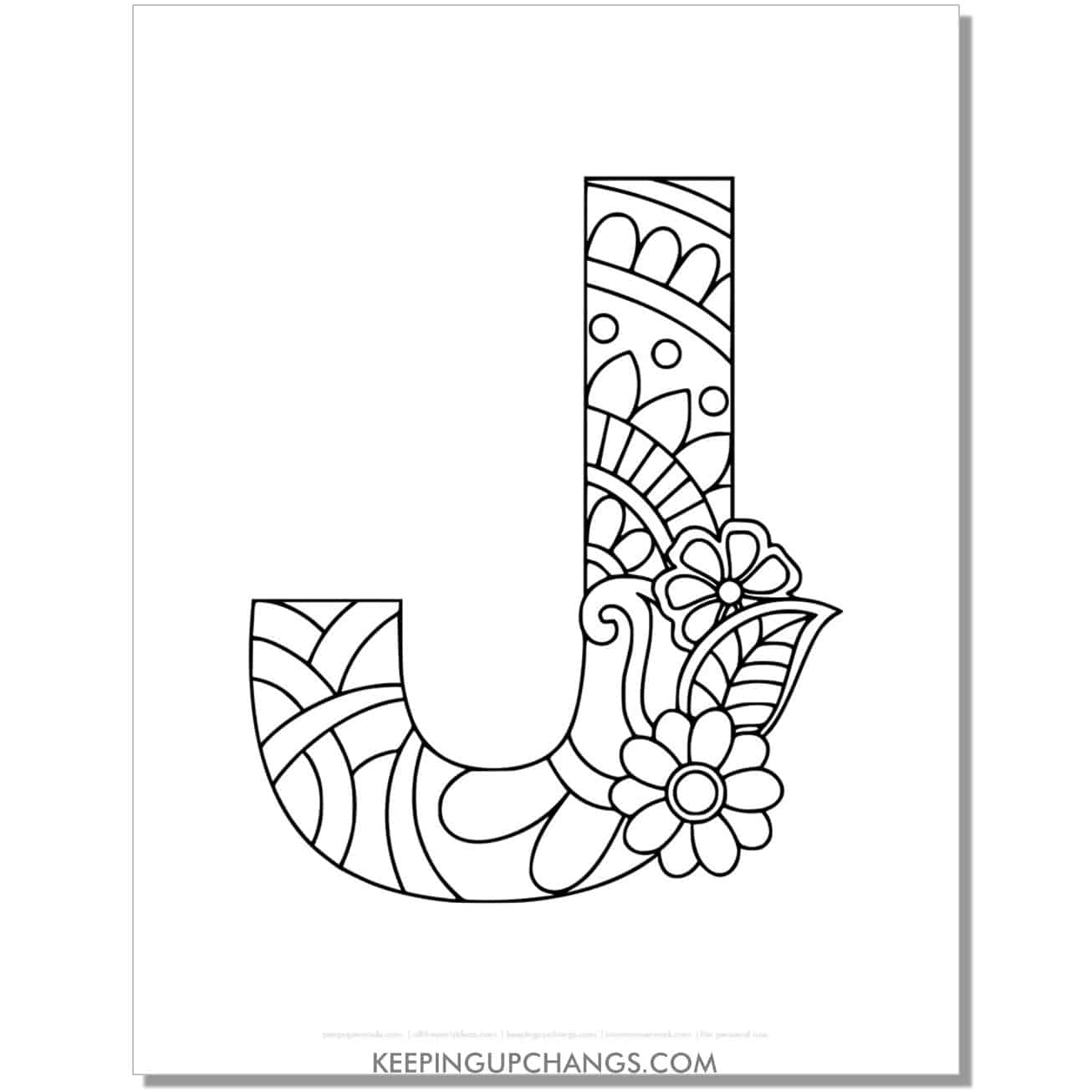 free alphabet j to color, intricate flower mandala zentangle.