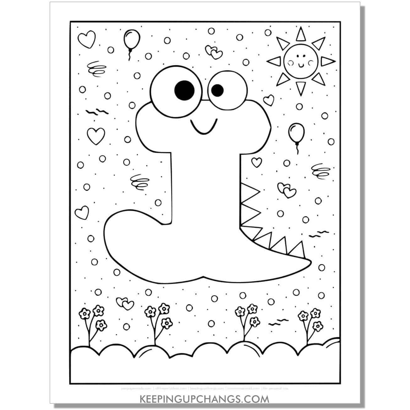 cute j coloring page with monster dinosaur letter.