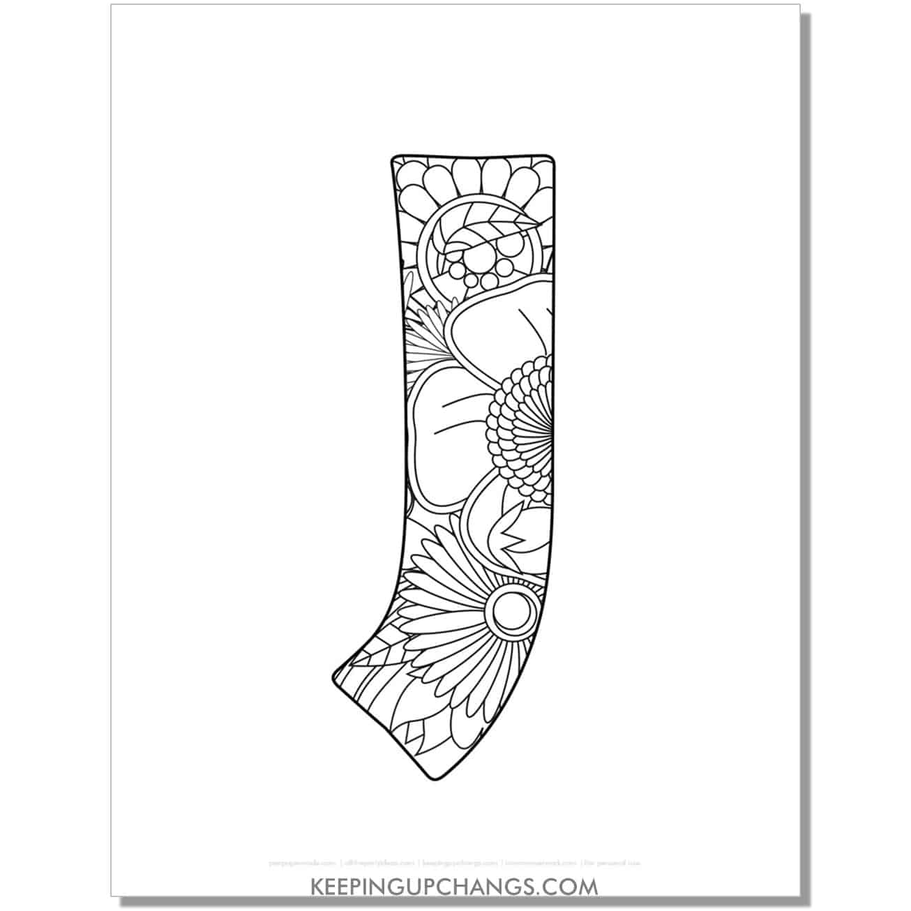 free letter j to color, complex mandala zentangle for adults.