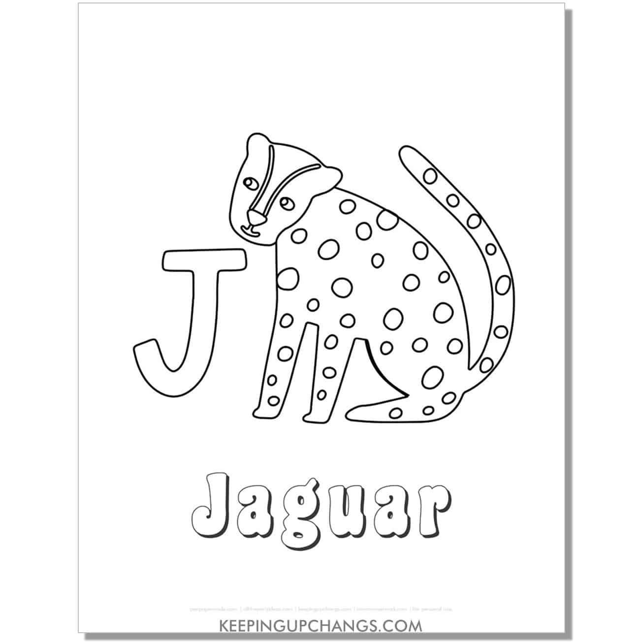 fun abc j coloring page with jaguar hand drawing.