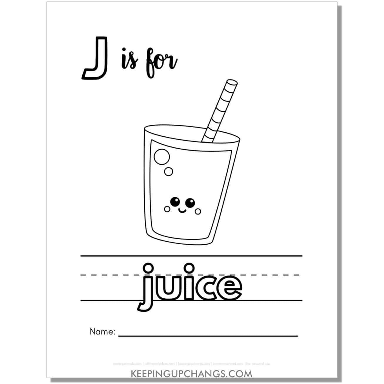 cute letter j coloring page worksheet with juice.