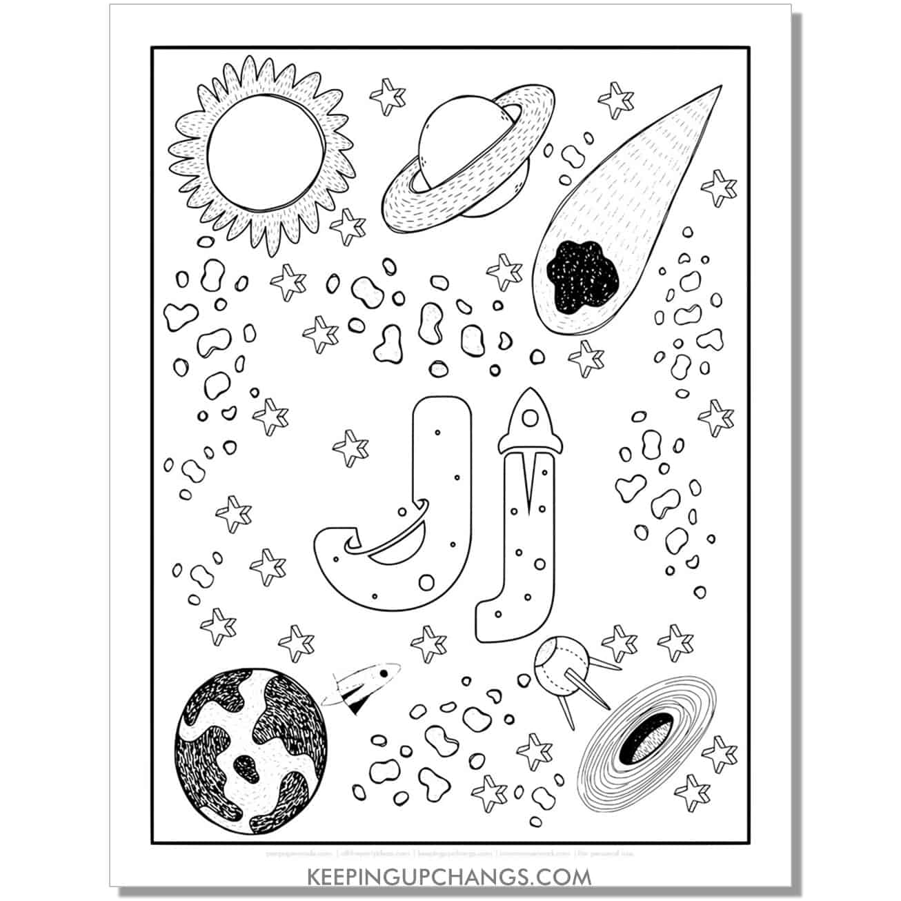 free alphabet letter j coloring page for kids with rockets, space theme.
