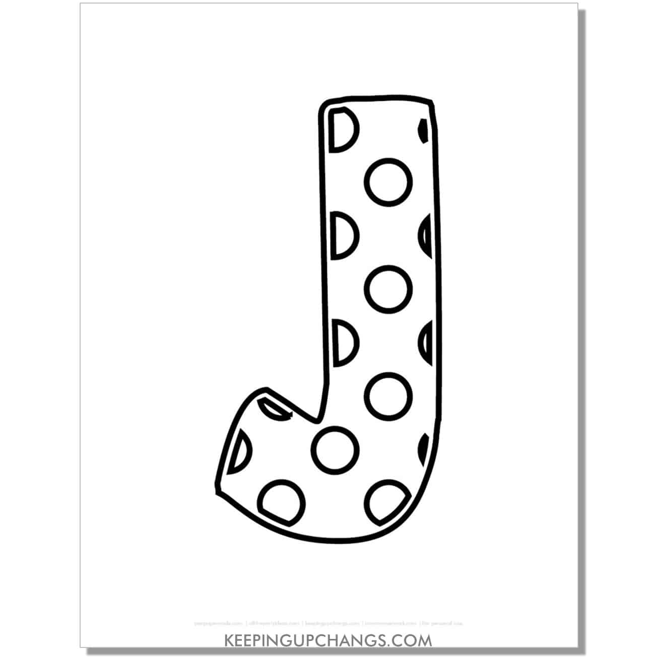 free alphabet letter j coloring page with polka dots for toddlers, preschool, kindergarten.