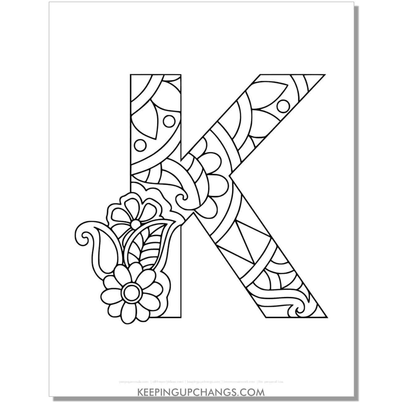 free alphabet k to color, intricate flower mandala zentangle.