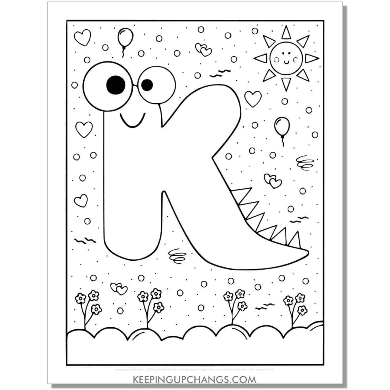 cute k coloring page with monster dinosaur letter.