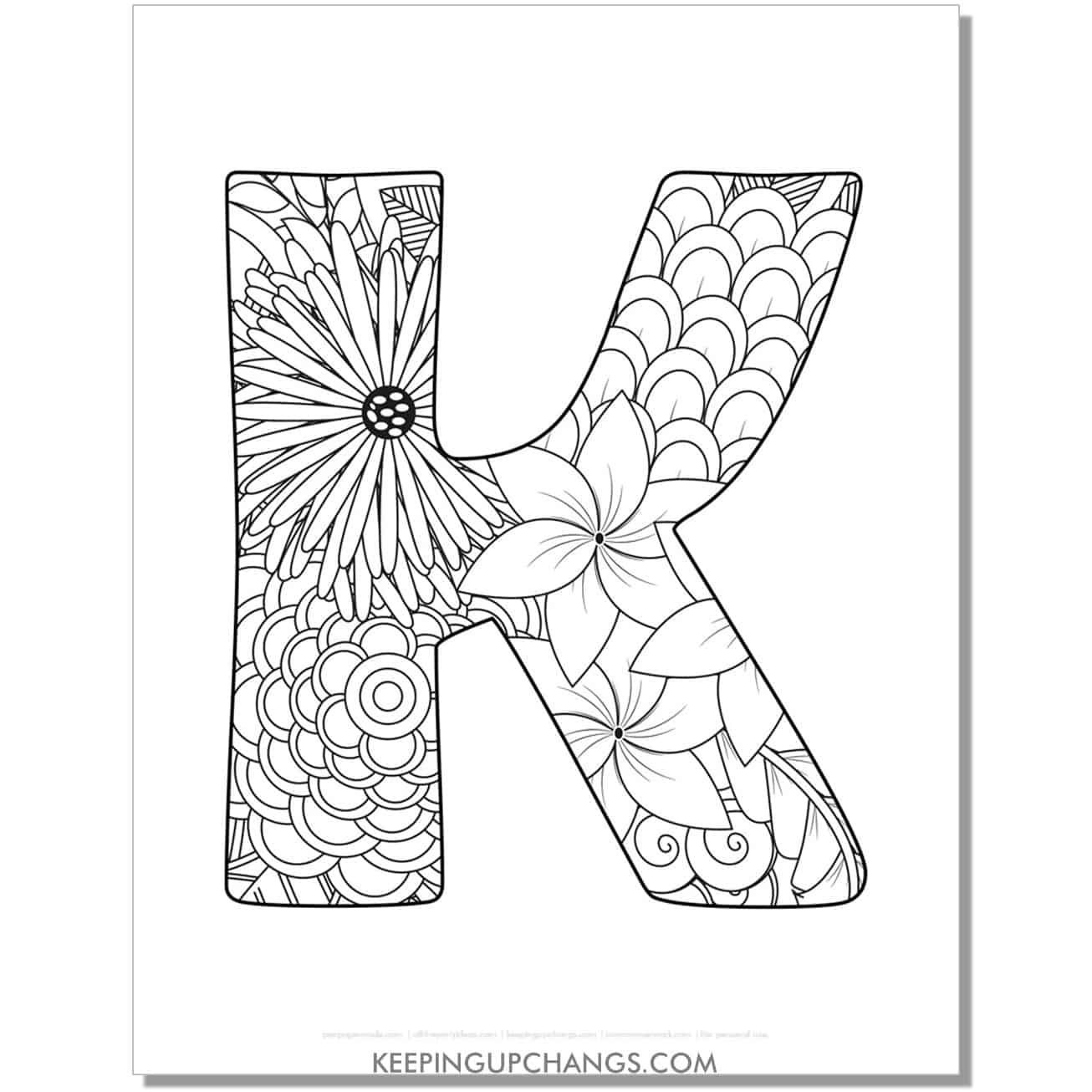free letter k to color, complex mandala zentangle for adults.