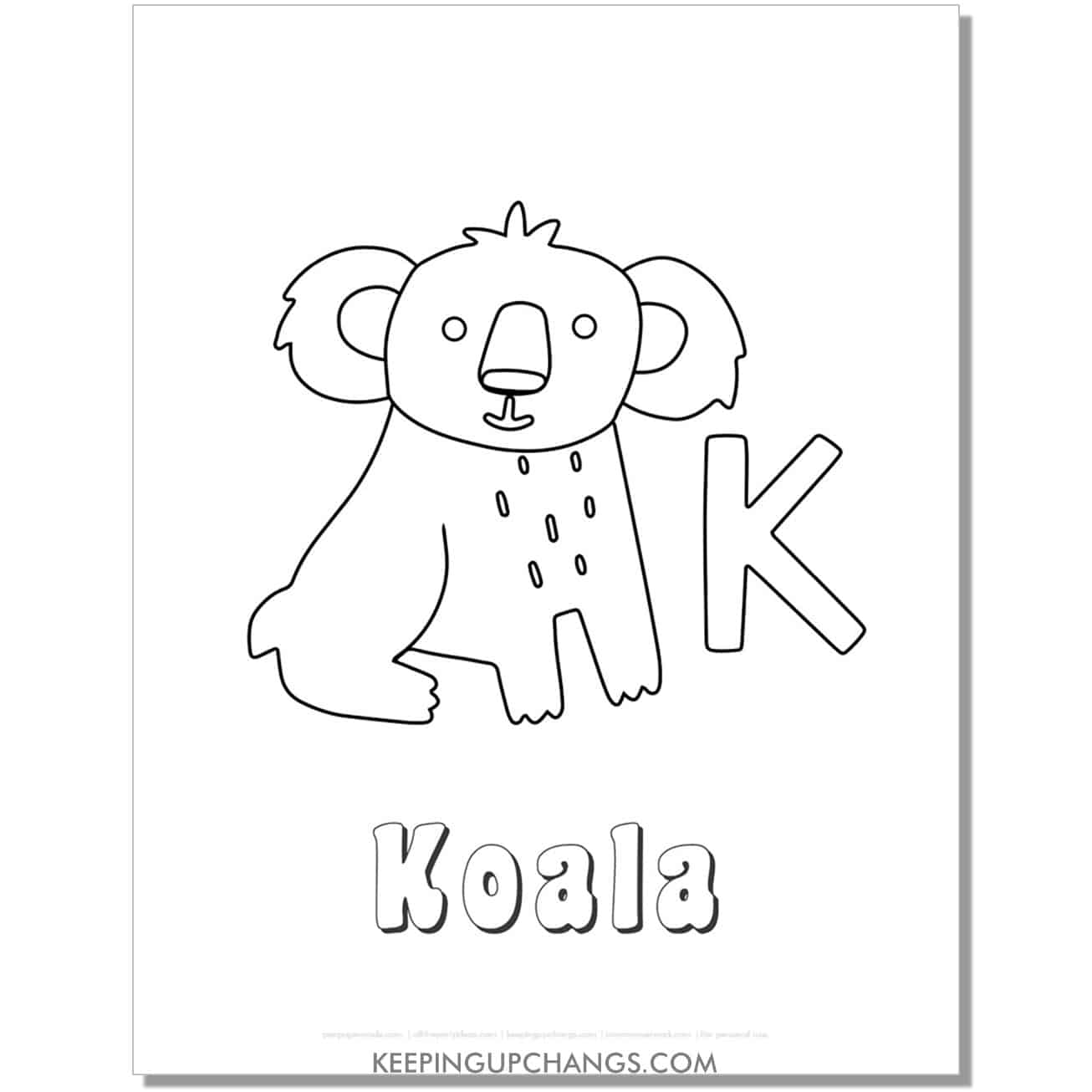 fun abc k coloring page with koala hand drawing.