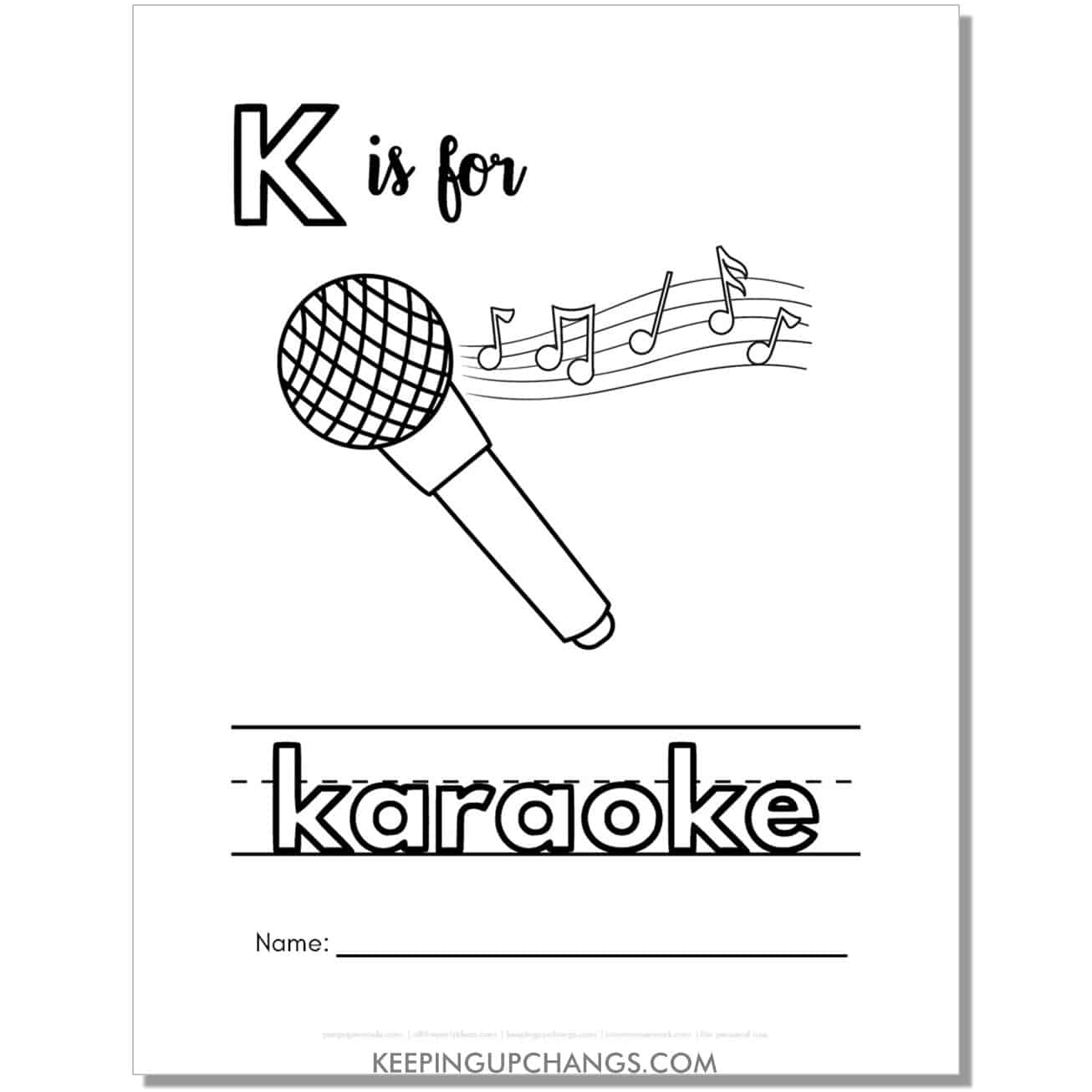 cute letter k coloring page worksheet with karaoke.