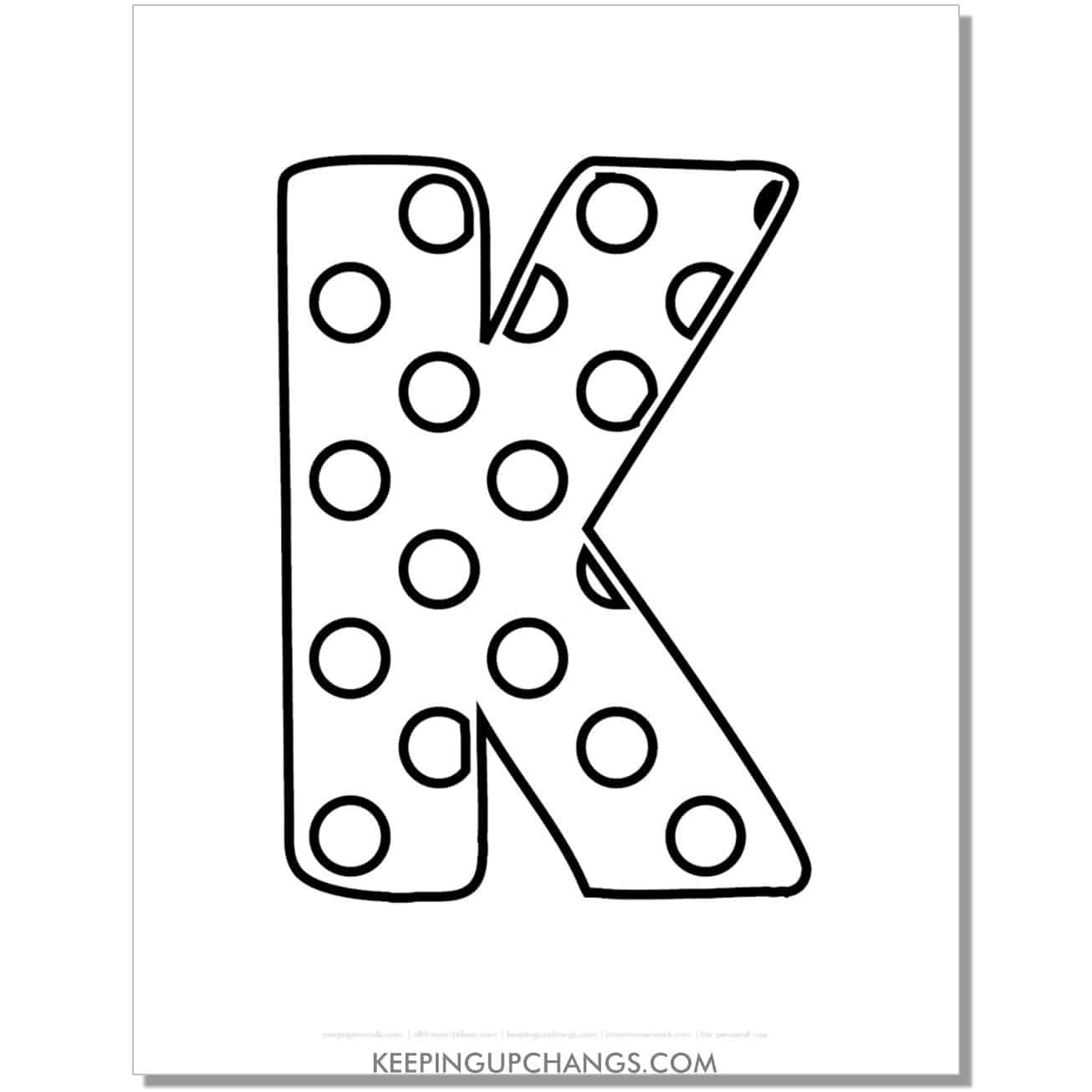 free alphabet letter k coloring page with polka dots for toddlers, preschool, kindergarten.