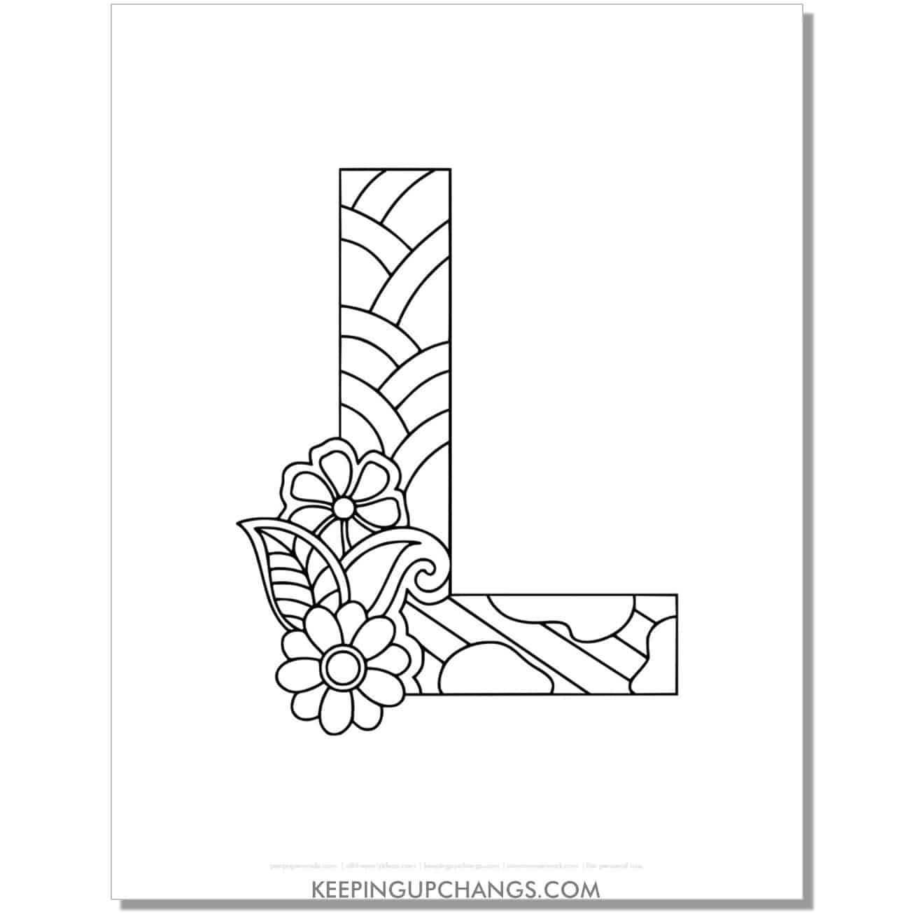 free alphabet l to color, intricate flower mandala zentangle.