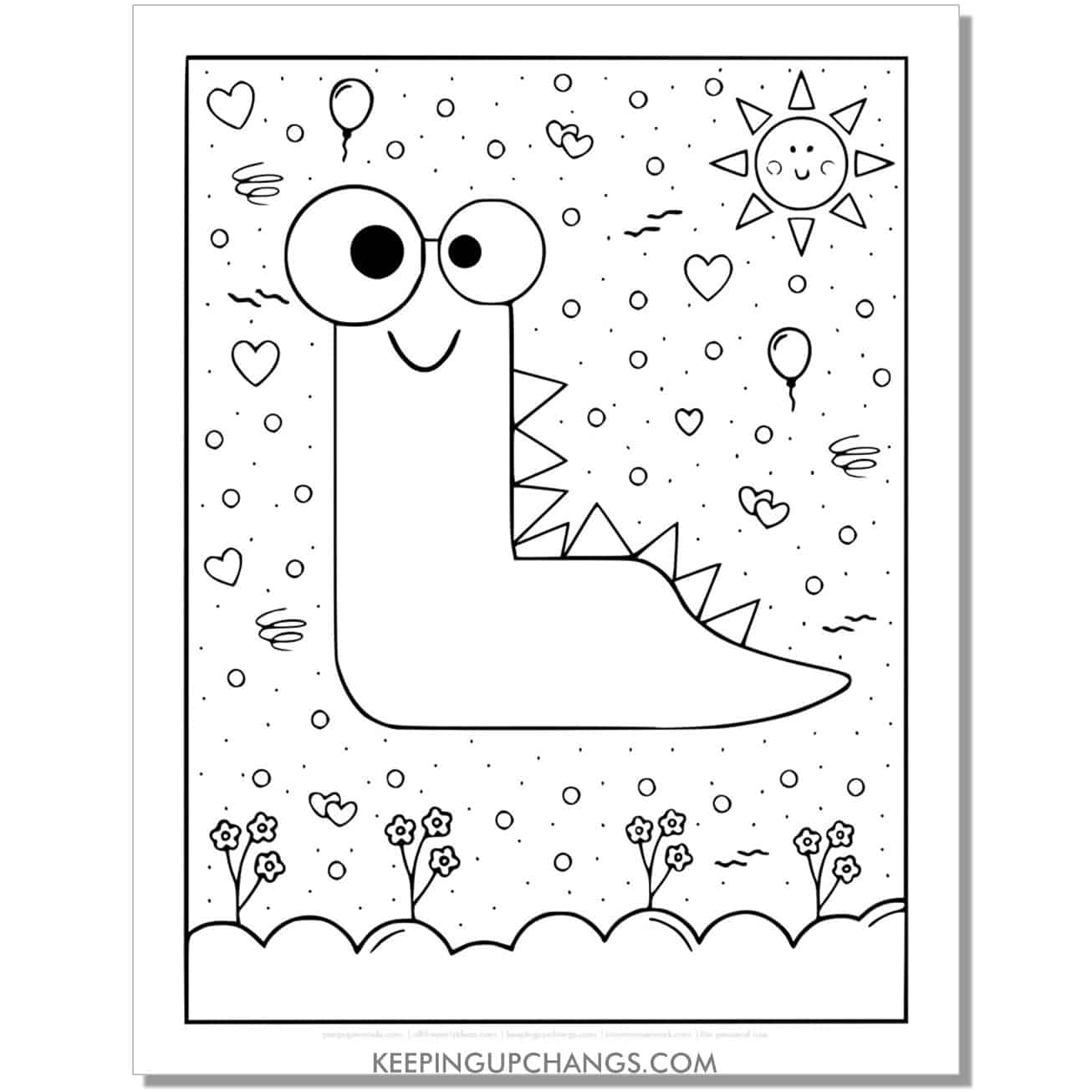 cute l coloring page with monster dinosaur letter.