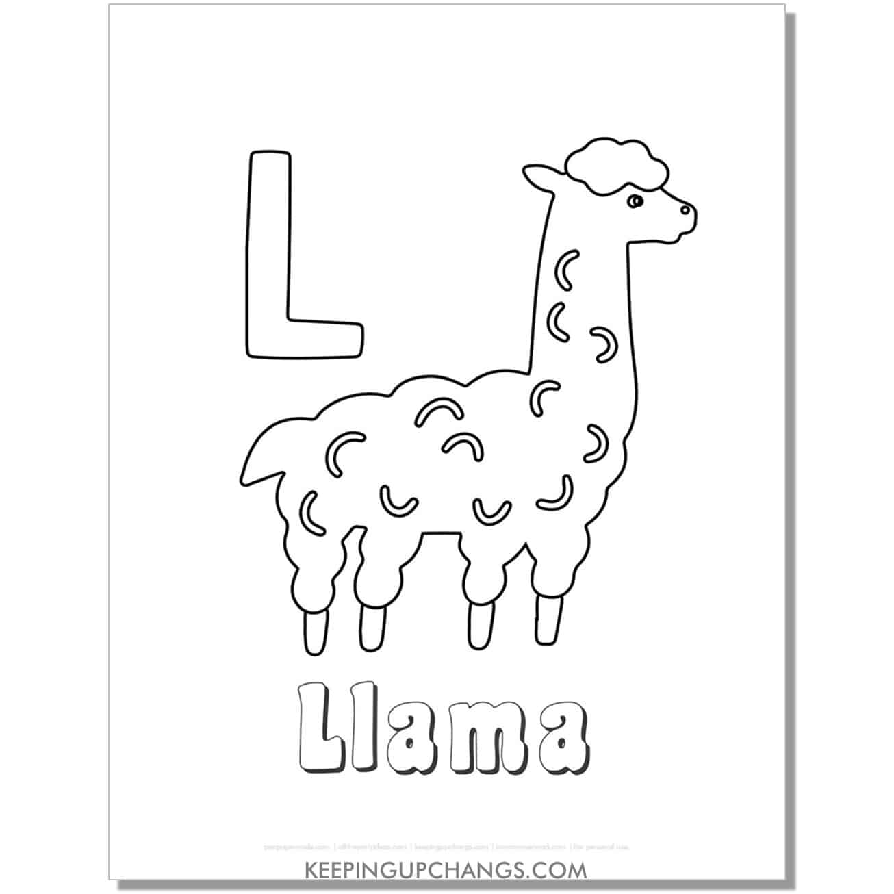 fun abc l coloring page with llama hand drawing.