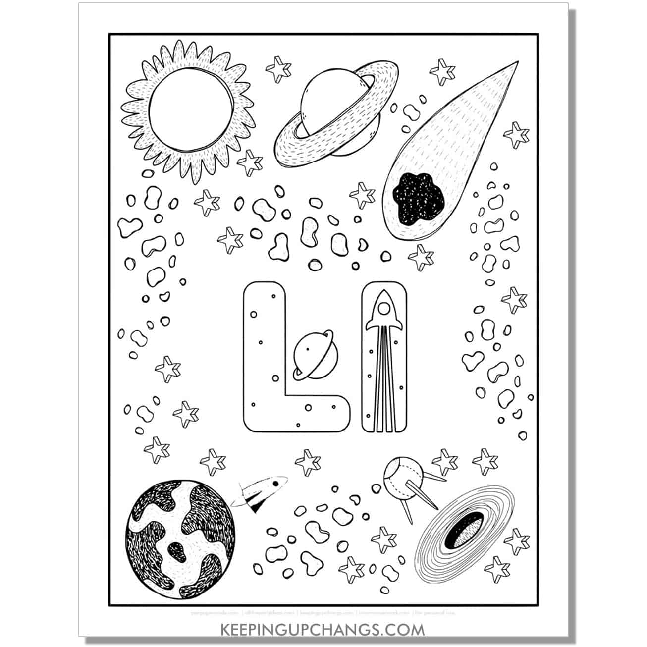 free alphabet letter l coloring page for kids with rockets, space theme.
