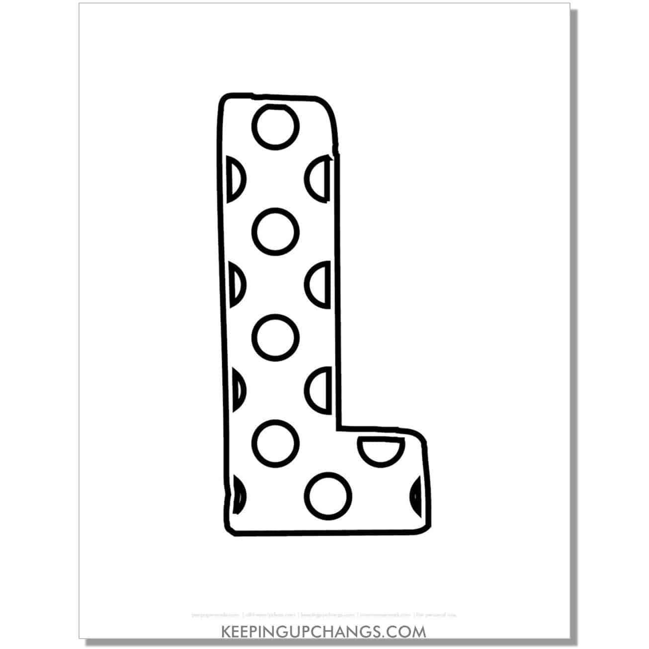 free alphabet letter l coloring page with polka dots for toddlers, preschool, kindergarten.
