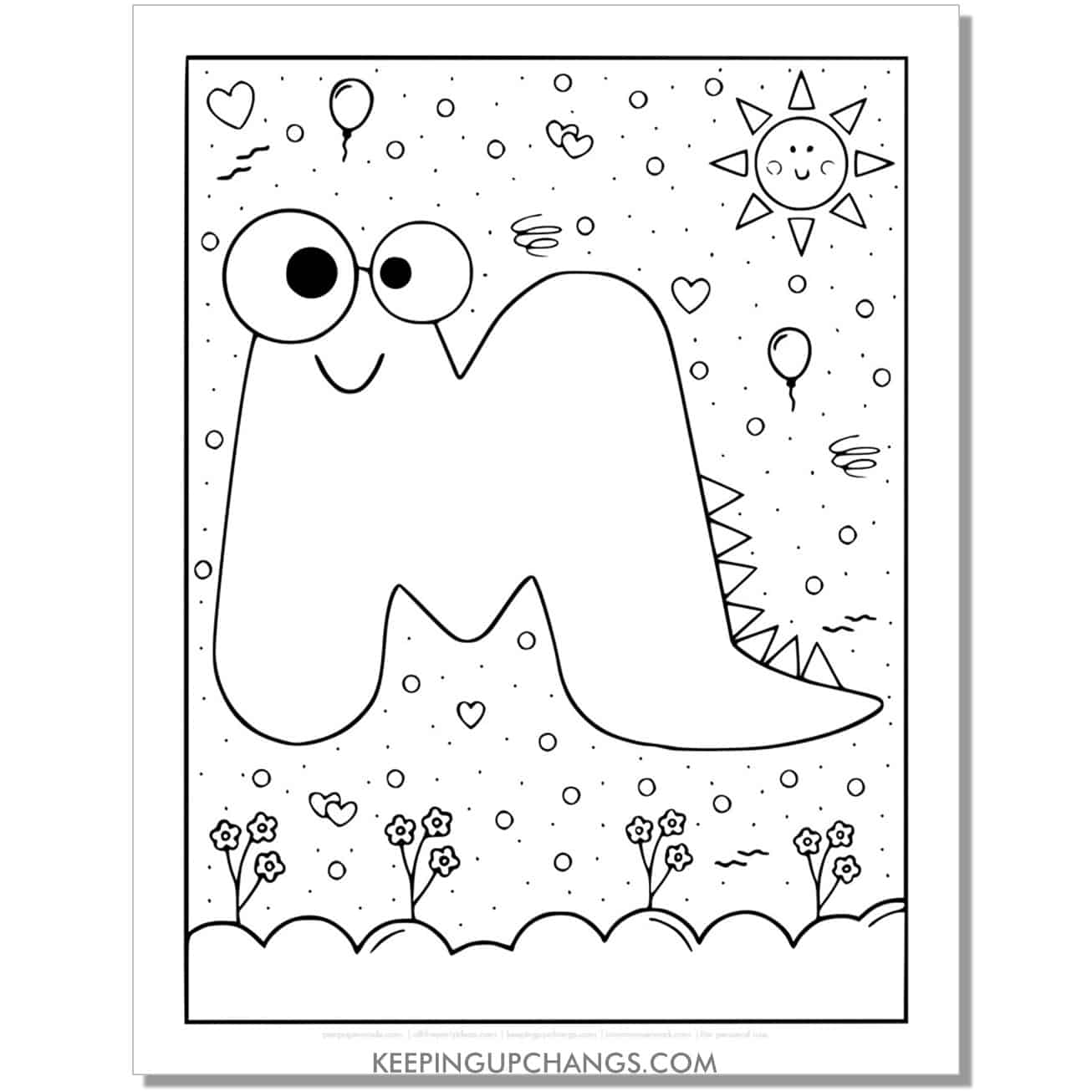 cute m coloring page with monster dinosaur letter.