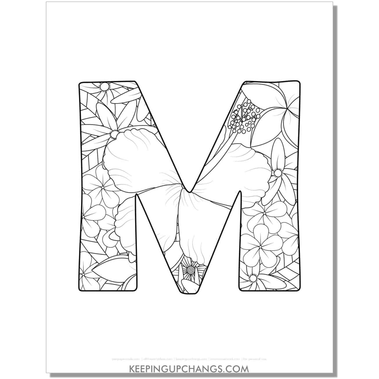 free letter m to color, complex mandala zentangle for adults.