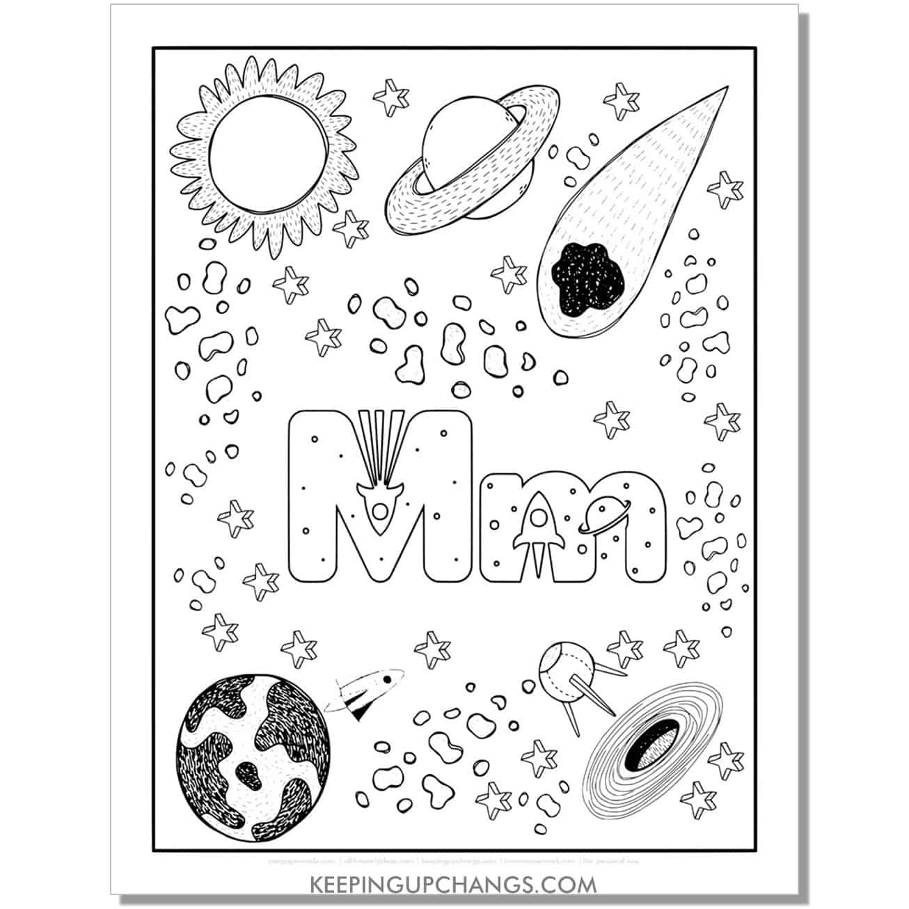 free alphabet letter m coloring page for kids with rockets, space theme.