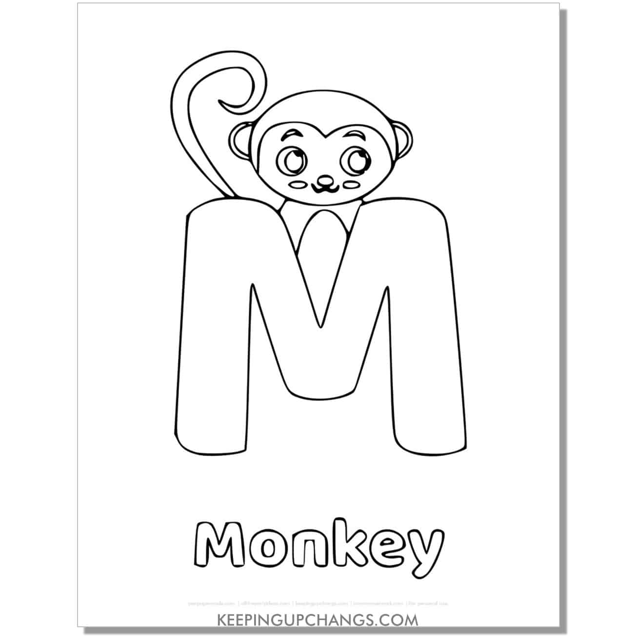 alphabet m coloring worksheet with monkey.