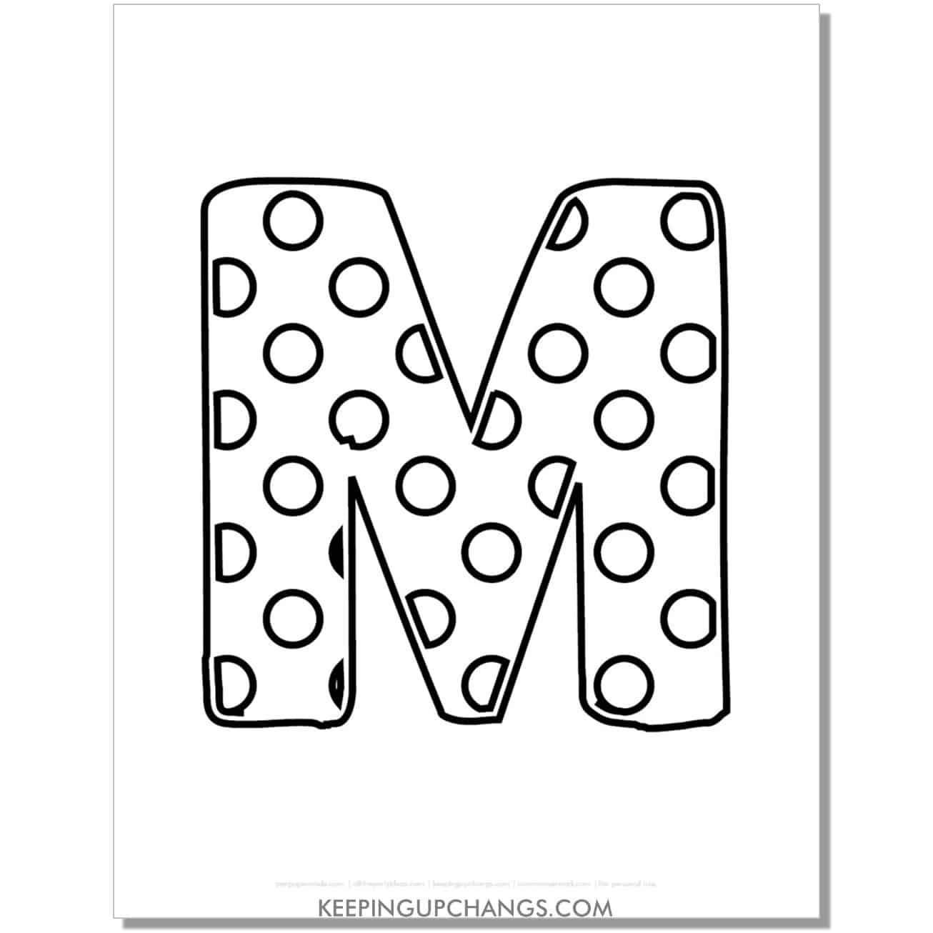 free alphabet letter m coloring page with polka dots for toddlers, preschool, kindergarten.