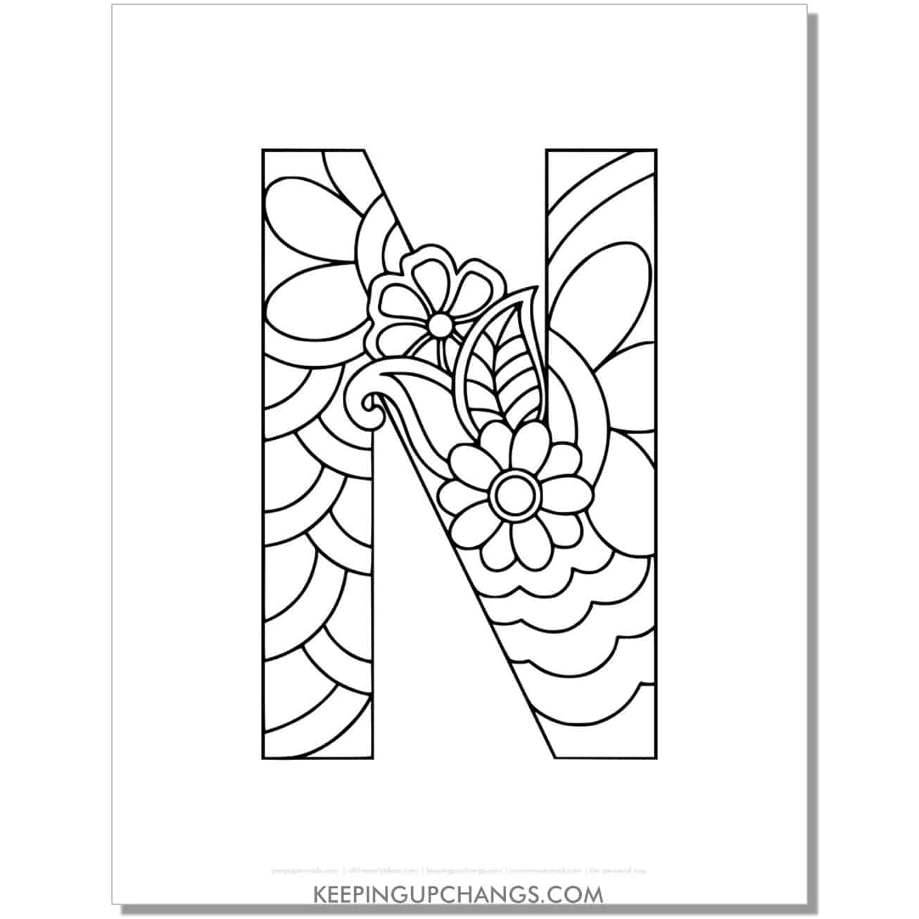 free alphabet n to color, intricate flower mandala zentangle.